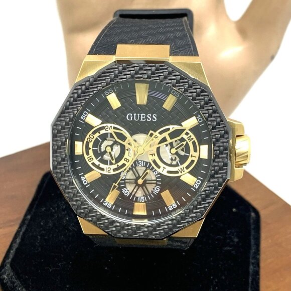 Guess Men's Watch GW0853G2 Quartz Black Dial Gold Steel Rubber Strap 45mm